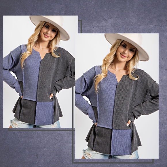 EASEL "Block Star" Rib Knit Color Block Out-Seam & Raw Details Tunic Length Top - Picture 3 of 12